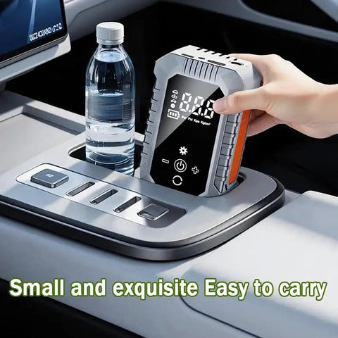 Portable Wireless Tire Inflator With Digital Pressure Gauge No Sweat Air Compressor For Cars Motorcycles Bikes And Balls Road Trip Ready Quick Fix in a car cup holder with a water bottle.