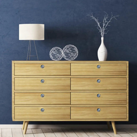 Wooden dresser with Dark Dandelion Crystal Glass Cabinet Knob Set 4 Pack Round Drawer Pulls For Dressers, stylish room decor