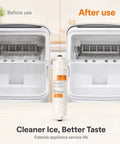 Pack Of Three 10 Inch Inline Resin Filters With Quarter Inch Quick Connect before and after using in ice maker.