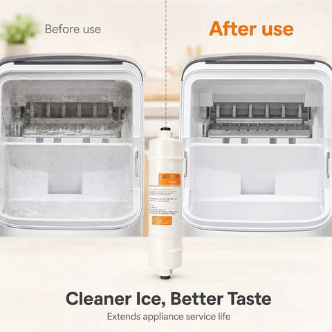 Pack Of Three 10 Inch Inline Resin Filters With Quarter Inch Quick Connect before and after using in ice maker.
