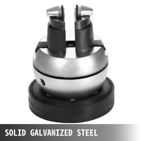 Badass 5 Inch Ball Vise With 360 Degree Swivel Head And 34 Piece Jewelry Setting Attachments Solid Stainless Steel Workbench Vice with a black base.