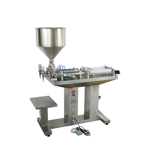 Heavy Duty Dual Head Pneumatic Paste Filling Machine With 50L Vertical Hopper for shampoo thick cream and cosmetic liquids.