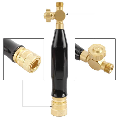 Heavy Duty Pro Grade Air Acetylene Welding And Cutting Torch Set With CGA 200 Regulator close-up of G 4 handle and connectors