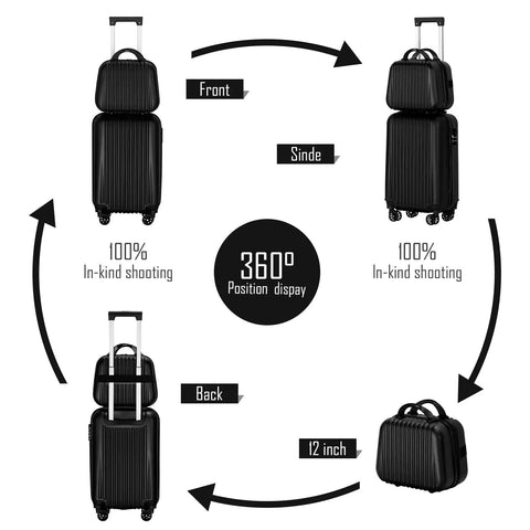 Two Piece Hardside Luggage Set With 20 Inch Carry On Spinner Suitcase And 14 Inch Stackable Travel Handbag ABS Jet Black