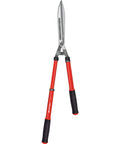 Extendable Hedge Shear With 15 To 26 Inch Reach, forged high carbon steel blades, lightweight red handles, comfort grips.