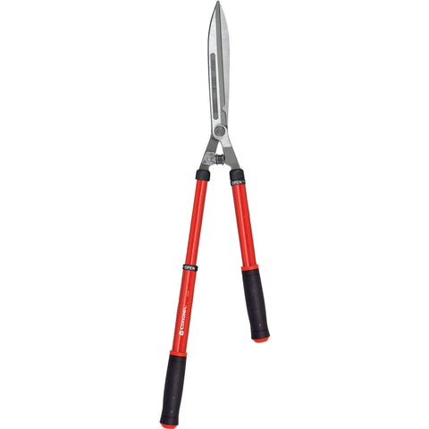 Extendable Hedge Shear With 15 To 26 Inch Reach, forged high carbon steel blades, lightweight red handles, comfort grips.