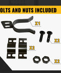 Bolts, nuts, and components for Black Chain Link Gate Latch For Fence Posts Spaced 1-3/8 To 2-3/8 Inches, Fits 1-3/8 Gate Frames And 2-3/8 Posts, Includes Padlock Hole, Durable, Easy Install Gate Hardware For Secure, Everyday Use