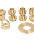 Top Shelf 11 Piece Solid Brass Router Bushing Set And Template Guide Kit With Adapter Plates showing nine brass bushings and one base plate.