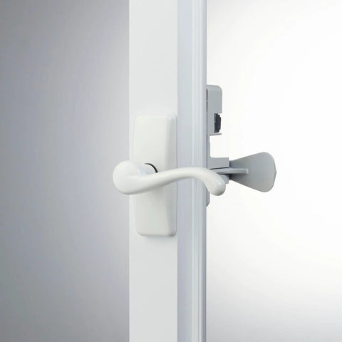 Upgraded Door Lever With Deadbolt Lock For Storm And Screen Doors White 2-Piece Set Slick Handle Replacement, side view