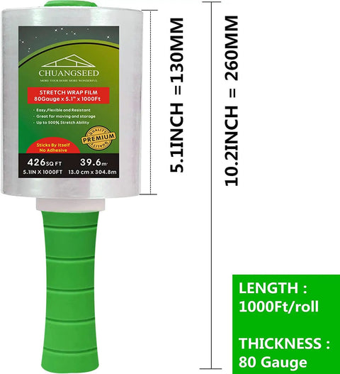 2-Pack Clear Stretch Wrap Film 80 Gauge 5.1 Inch By 1000 Feet With Plastic Handle For Pallet Wrapping