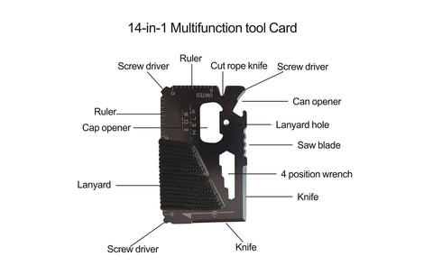 All In One Survival Kit With Windproof Matches In Waterproof Case, 14-in-1 multifunction tool card with various labeled tools.