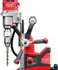 Front view of Milwaukee M18 FUEL 1-1/2 in. lineman magnetic drill kit with red housing, black handles, and magnetic base.