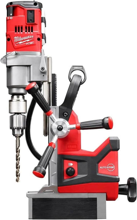 Front view of Milwaukee M18 FUEL 1-1/2 in. lineman magnetic drill kit with red housing, black handles, and magnetic base.