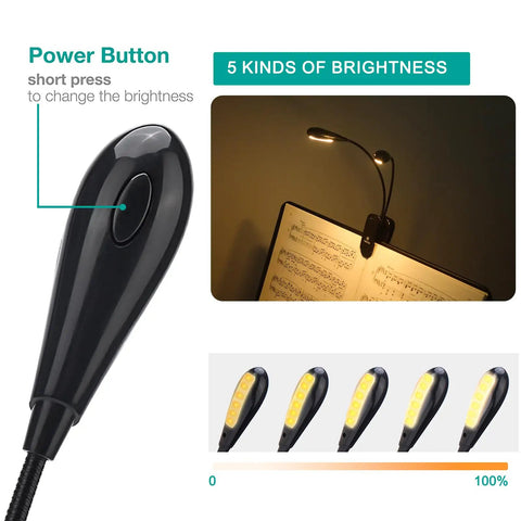Rechargeable 12 LED Warm Clip On Book Light With Dual Goosenecks Bed Reading Lamp and music stand light on sheet