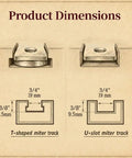 Product dimensions illustration showing T-shaped and U-slot miter tracks for Heavy Duty Table Saw Taper Jig.
