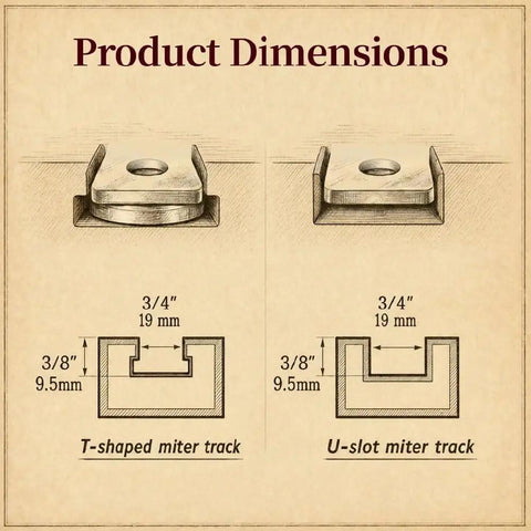 Product dimensions illustration showing T-shaped and U-slot miter tracks for Heavy Duty Table Saw Taper Jig.