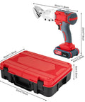 Happcucoe 21V Cordless Electric Metal Shear With 600W Brushless Motor next to a red carrying case, showcasing sleek design and portability.