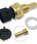 Engine coolant temperature sensor with brass body, black two-pin connector, and mounting washer.