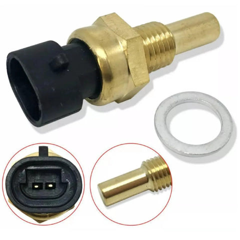 Engine coolant temperature sensor with brass body, black two-pin connector, and mounting washer.