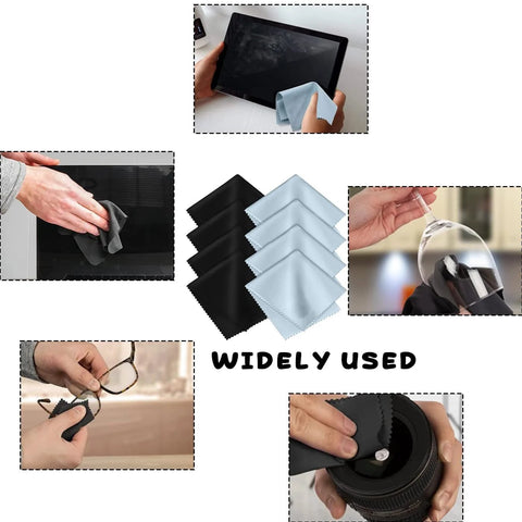 8-pack microfiber cleaning cloths; black and light-blue, lint-free, for screens, glasses, cameras