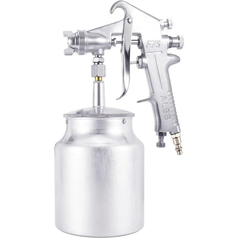 Pro Level Spray Gun With 3.0mm Stainless Steel Nozzle And 1000ml Metal Paint Cup, showing detail of spray gun and aluminum paint cup.