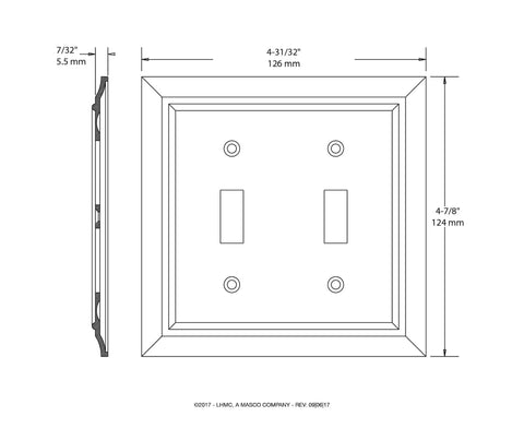 Technical drawing of Matte Black 2 Gang Wall Plate Decorative Light Switch Cover With Double Toggle Architectural Style 1 Pack Durable Zinc Construction For Pro Look In Any Room Electrical Outlet Guard, showing dimensions.