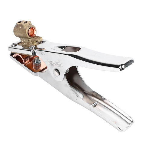 Heavy Duty 300A Grounding Work Clamp For Electric Welding And Soldering Repair with chrome finish and copper connection for durability.