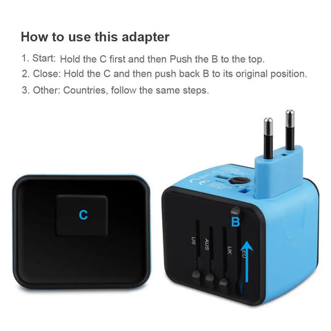 Universal Travel Adapter With Dual USB Fast Charge All In One International Power Converter For UK EU AU Asia Supports 150 Plus Countries Compact Wall Charger For Worldwide Travel Blue with EU plug shown