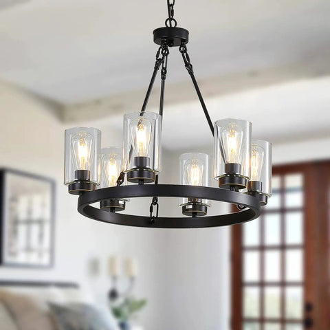 Six Light Industrial Rustic Farmhouse Wagon Wheel Chandelier In Black Metal With Clear Glass Shades Dope Round Dining Room Light Fixture For Kitchen Island Living Room And Entryway hanging in room