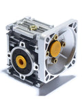 Premium Worm Gear Speed Reducer Compatible With NMRV050 RV050 Gearboxes featuring silver aluminum casing and yellow components.