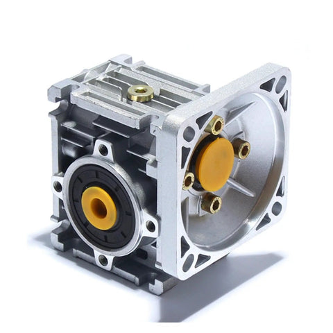 Premium Worm Gear Speed Reducer Compatible With NMRV050 RV050 Gearboxes featuring silver aluminum casing and yellow components.