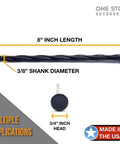 USA Made 50 Pack 8 Inch Plastic Landscape Edging Anchoring Stakes, Spiral Spikes with measurements, Made in USA badge.