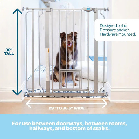 Extra Tall Walk-Through Pet Gate With Small Pet Door Expands From 29 To 36.5 Inches Wide Stands 36 Inches High shown in a doorway.