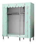 Portable Canvas Wardrobe Large Clothes Closet Storage Organizer With Hanging Rod And Shelves Dust Cover in mint green with leaf pattern.