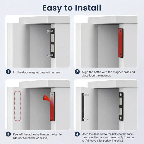 Installation steps for 6 Pack Heavy Duty Magnetic Cabinet Door Catch With Twin Magnet Power and 30 Lb Holding Force, showing screws and adhesive use