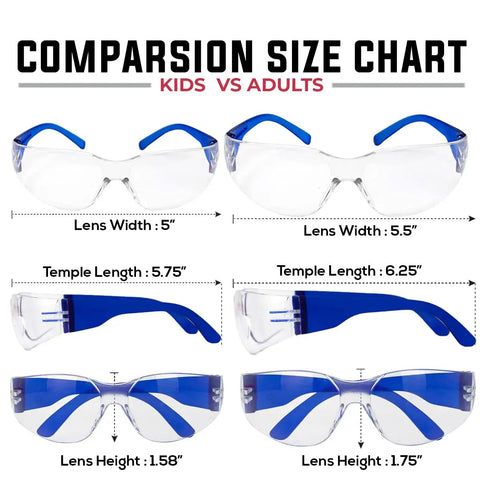 Comparison size chart for Assorted Color Kids Safety Glasses 12 Pack Over Glasses Design With Ansi Z87 Rating for Youth.