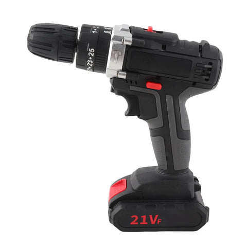 Badass Brushless Cordless Drill Kit featuring 25 adjustable torque settings and 1450 RPM speed, shown side view with battery.