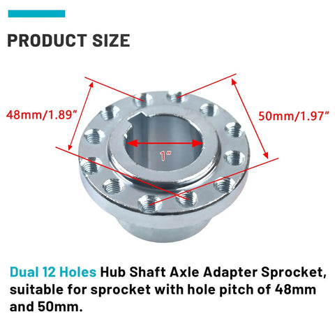 Beefy Steel Hub Shaft Axle Adapter Sprocket Twin Six Hole Build That Will Drop Right Into Your Go Kart Or Golf Cart With One Inch Keyway For Smooth Power Transfer And All Day Cruising, product size with dual 12 holes, showing measurements.