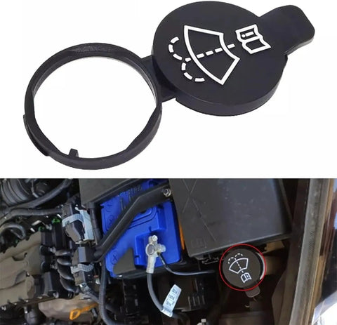Replacement Windshield Washer Reservoir Cap For GMC Chevrolet Buick Cadillac Black Plastic Bottle Cover With Easy Snap On Installation No Tools Needed OEM Compatible Fits 12767700 13227300 shown close-up and installed.