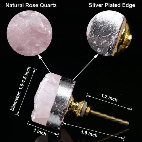 Rose Quartz Drawer Knobs Set Of 4 With Silver-Plated Edge Pink Stone Cabinet Knob Handles For Kitchen Wardrobe Cupboard