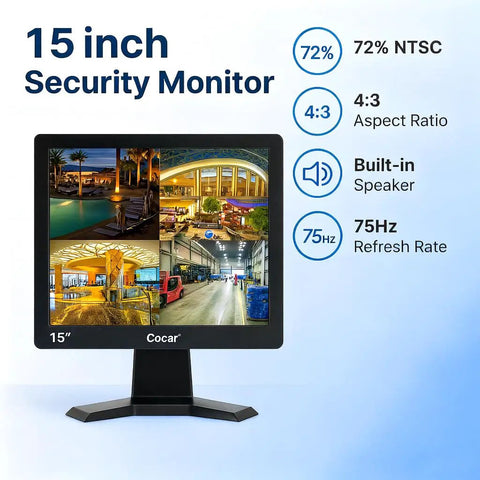 15 Inch CCTV Monitor With BNC VGA HDMI AV Inputs, 4:3 1024x768 HD Display, USB Drive Player, Built-In Speaker, Security