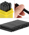 Pro Grade Metal Stamping Kit with Carbon Steel Stamps, 3mm punches in yellow case, hand holding single stamp
