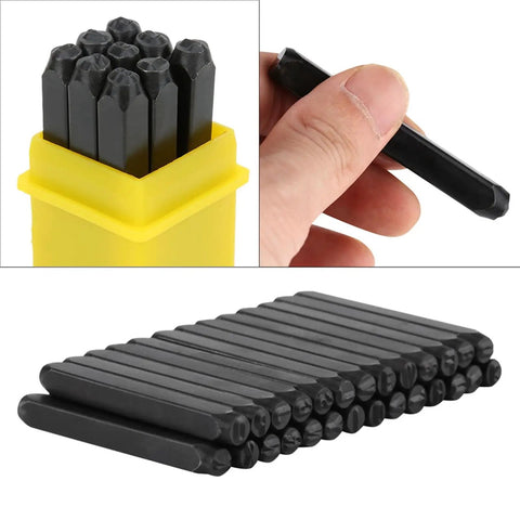 Pro Grade Metal Stamping Kit with Carbon Steel Stamps, 3mm punches in yellow case, hand holding single stamp