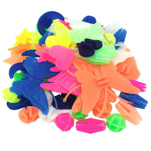 Colorful Bike Spoke Beads Kit For Kids in assorted plastic shapes and colors, easy install decoration for bicycle wheels.
