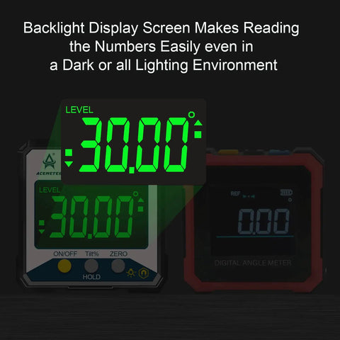 Top Tier Magnetic Digital Angle Finder And Protractor Inclinometer With Bright Backlit Screen showing precise angle readings of -30.00 degrees.