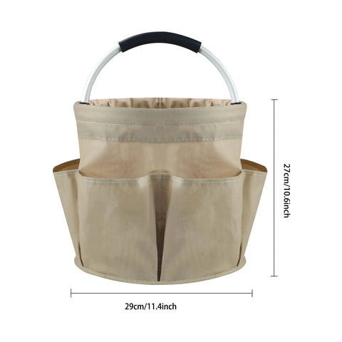 Front view of 17L Foldable Cleaning Caddy with handle and six pockets, durable Oxford cloth tote for organization.