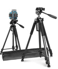 Lightweight Laser Level Tripod With 3 Way Rotating Head 360 Degree Horizontal 180 Degree Vertical 90 Degree Tilt 58.27 Inch Adjustable Height Dual Bubble Levels Pro Grade One Quarter Inch Threaded Interface shown with carrying case.