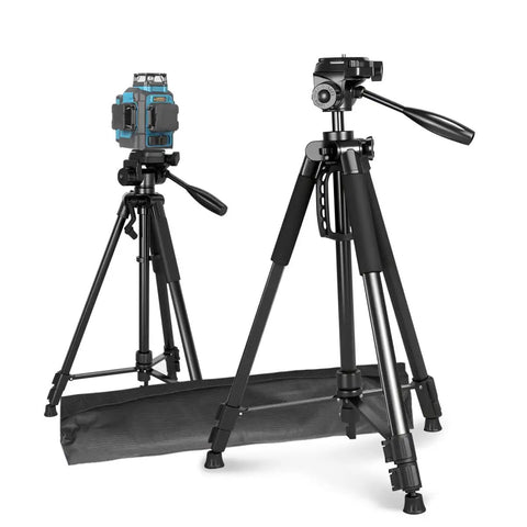 Lightweight Laser Level Tripod With 3 Way Rotating Head 360 Degree Horizontal 180 Degree Vertical 90 Degree Tilt 58.27 Inch Adjustable Height Dual Bubble Levels Pro Grade One Quarter Inch Threaded Interface shown with carrying case.