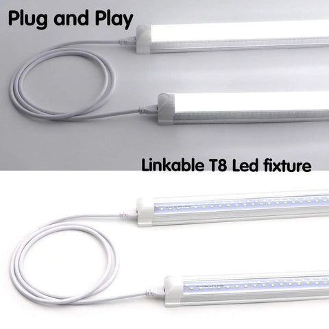 6 Foot LED Tube Light Linkable Cord For T5 And T8 Fixtures Double End Connector Cable Power Extension Wire For Integrated LED Lighting Easy Plug In Shop Garage Under Cabinet Lighting 4 Pack image showing LED tube with connector cable.
