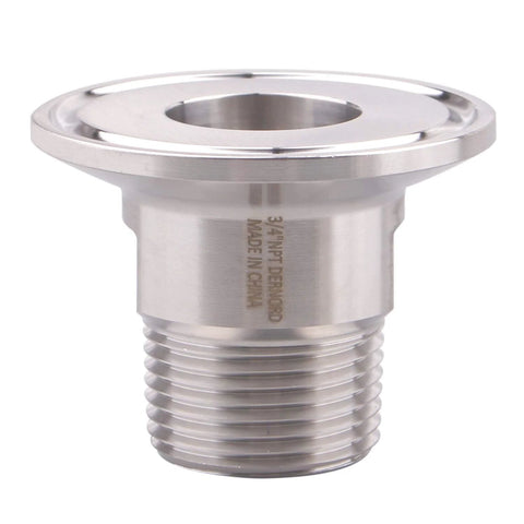 Close-up of DERNORD stainless steel 1.5 in sanitary tri-clamp to 3/4 in male NPT adapter